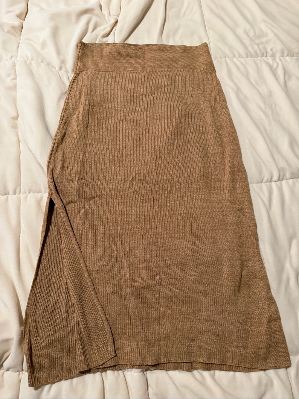Free People Ribbed Midi Skirt in Camel Brown with Side Slit